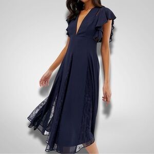 Nwt ASOS Navy Blue Midi Dress With Lace Godet Panels